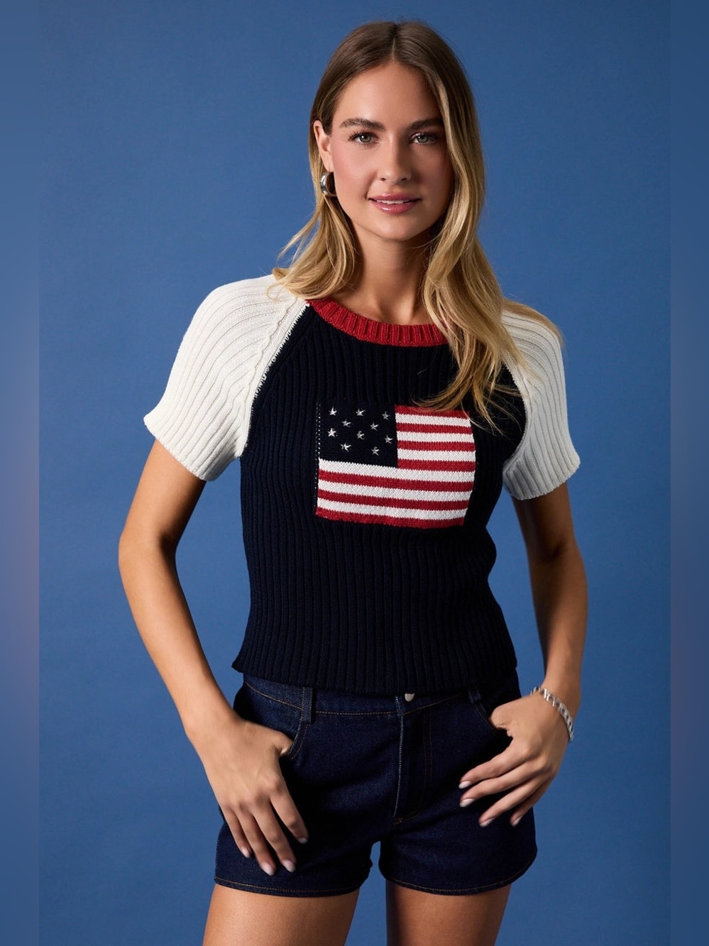 American Flag Raglan Short-Sleeve Knit Top - Sunday Edition